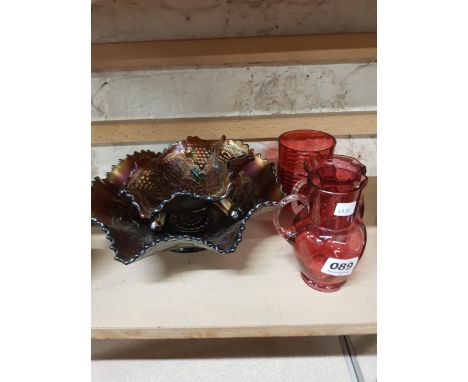 3 PIECES OF RUBY GLASS AND 2 PIECES OF CARNIVAL GLASS 