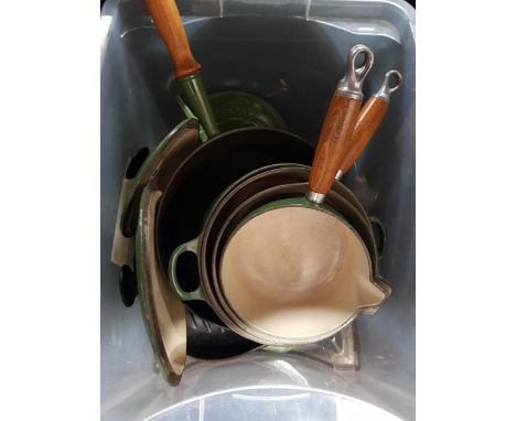 6 PIECES  OF GREEN CAST IRON &amp; ENAMEL LE CREUSET COMPLETE WITH SAUCEPAN LIDS 