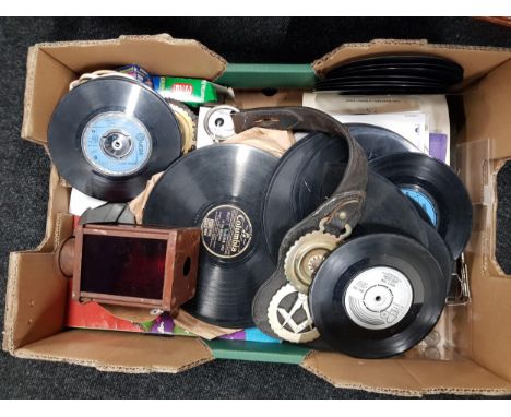 BOX LOT TO INCLUDE RECORDS, FORK, LAMP, BADGES, HORSE BRASS ETC 