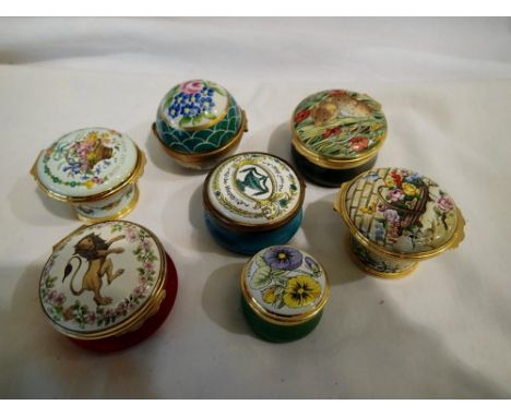 Seven enamel pill boxes including Halcyon Days, all appear in good order, no chips cracks or visible repair. UK P&amp;P Group