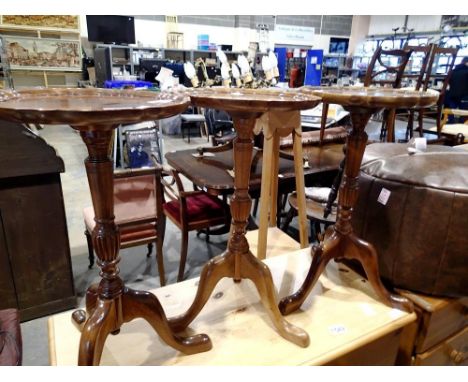 Three tables with turned and carved stems and tripod support. Not available for in-house P&amp;P 