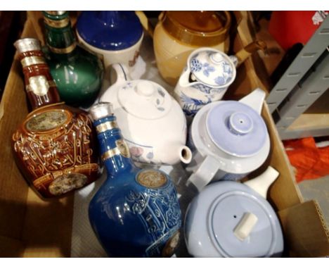 Five ceramic teapots with three Spode whiskey bottles and a Sefton pottery jug. Not available for in-house P&amp;P 