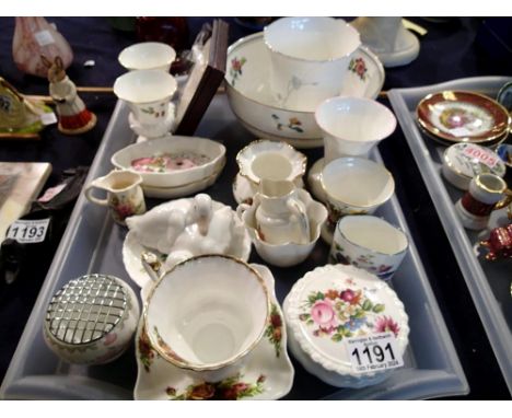 Tray of mixed ceramics to include Royal Albert Old Country Roses, Nao, Wedgwood and Masons. Not available for in-house P&amp;