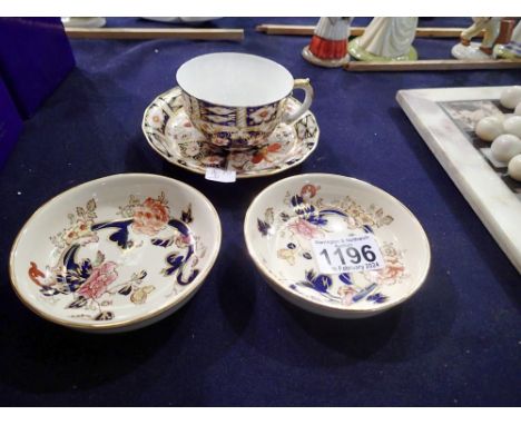 Royal Crown Derby cup and saucer in the 2451 pattern, wear to gilt, together with two Masons Ironstone trinket dishes. Not av