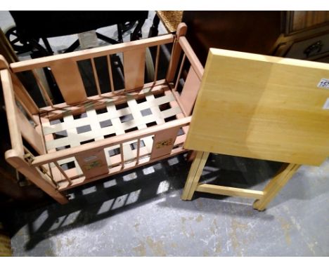 Beech folding table and a dolls cot. Not available for in-house P&amp;P 