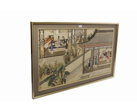 LARGE EARLY 20TH CENTURY CHINESE WATERCOLOUR depicting various female figures in rooms and on a terrace, on linen, signed wit