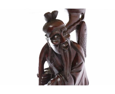 LARGE EARLY 20TH CENTURY CHINESE ROOTWOOD FIGUREof a fisherman, converted to a table lamp, the wood carving 60.5cm high 