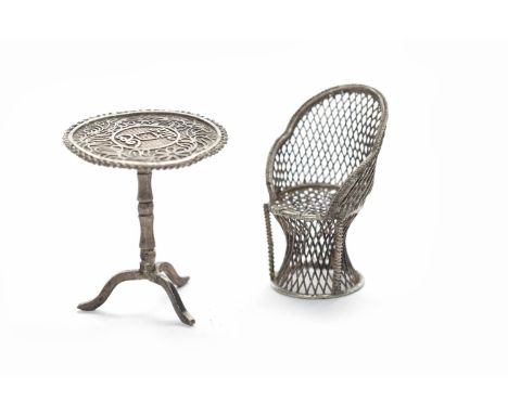 CHINESE SILVER DOLL'S HOUSE FURNITURE comprising a bergere-style chair and a table, both pieces marked, the table marked 90 W