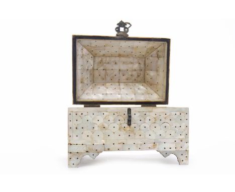 LATE 19TH CENTURY INDIAN MOTHER OF PEARL PIN WORK CASKETwith squared domed lid and on four raised feet, 17cm wide, 14cm high