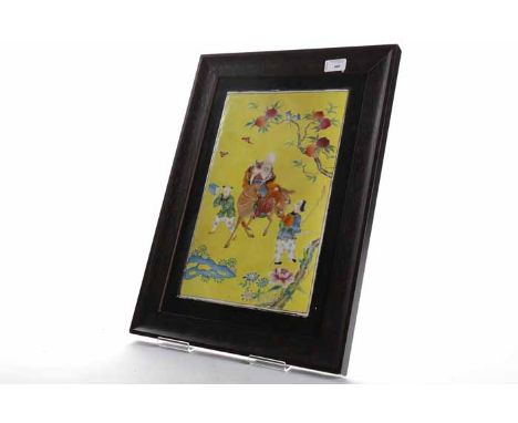 PAIR OF EARLY 20TH CENTURY CHINESE FAMILLE JAUNE CERAMIC PANELSdepicting Shao Lao, framed in wooden frames, 52cm x 39cm overa