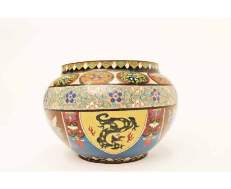 EARLY 20TH CENTURY CHINESE CLOISONNE PLANTER with mythical creature decoration, 24cm wide 