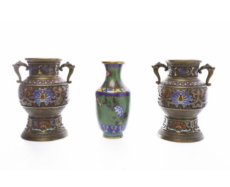 PAIR OF EARLY/MID 20TH CENTURY CHINESE CLOISONNE VASESwith mythical creature lug handles and stylised enamel motifs, 24.5cm h