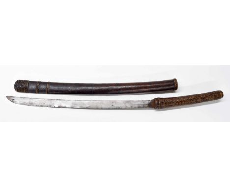 Burmese/Thai Dha (sword),&nbsp;with a cane wrapped wooden handle with cane wrapped wooden scabbard, the blade 20" 