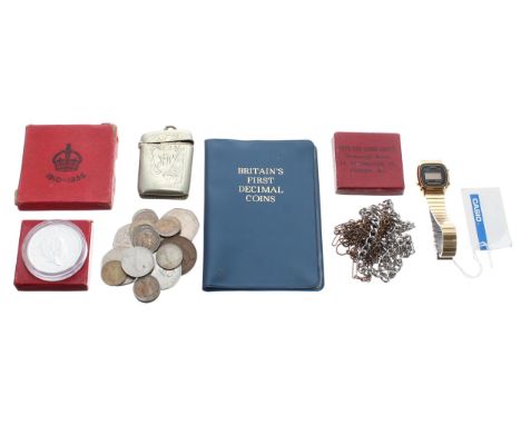 Silver plated vesta case, Casio lady's digital wristwatch, chains and a selection of commemorative and other coins 