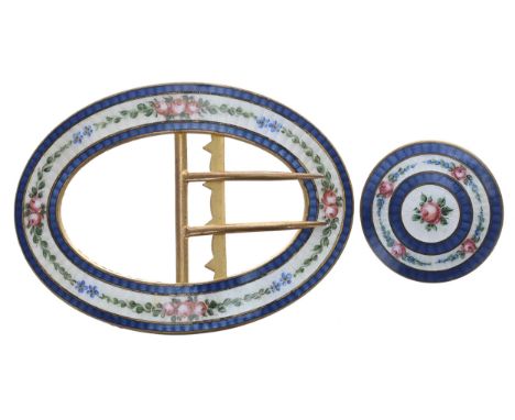 Pretty&nbsp;gilt metal&nbsp;guilloche enamel&nbsp; belt buckle, decorated with flowers on a white ground within a pale blue g