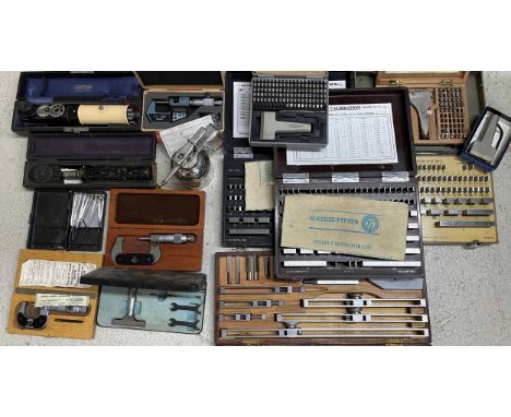 Box of precision tools; including matrix measures, micrometers etc. also a set of letter/number punches and some automobile g