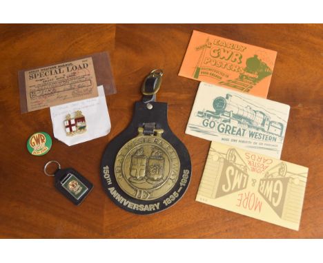 Selection of GWR Railway ephemera to include a&nbsp;GWR 150th Anniversary brass plaque, Anniversary keyring and badge, GWR Co