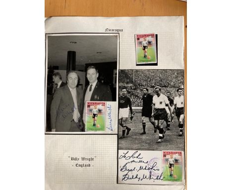 Billy Wright signed Hall of Fame Nicaragua portrait promo card plus signed photocard with collector John Murray. Set on A4 de