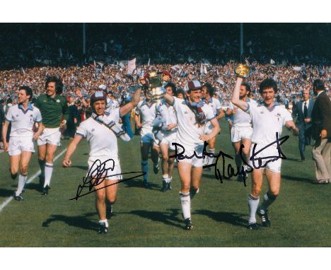 Autographed WEST HAM UNITED 12 x 8 photo: Col, depicting West Ham United's ALAN DEVONSHIRE, PAUL ALLEN and RAY STEWART paradi