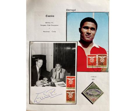 Eusebio football legend signed 1963 Monaco World Cup stamp and signed Postcard sitting with collector John Murray plus colour