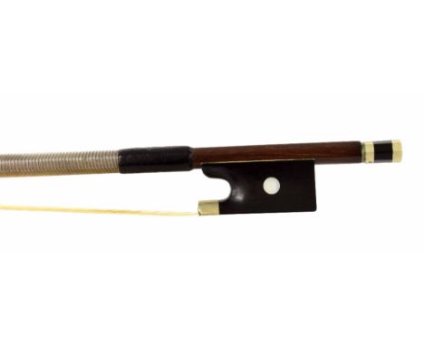 French nickel mounted violin bow of the Maline School, unstamped, the stick round, the ebony frog inlaid with pearl eyes and 