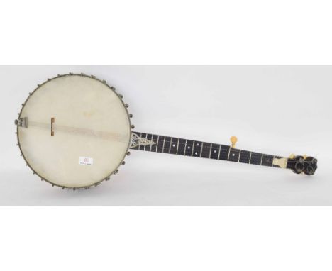 Late 19th century W. Temlett Ajax five string open back banjo, with 12" skin and 26" scale, soft case (at fault)