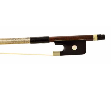 Nickel mounted violoncello bow stamped C.H. within scrolls, the stick round, the ebony frog inlaid with pearl eyes and the eb