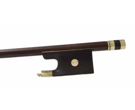 French nickel mounted violin bow stamped Stentor, the stick round, the ebony frog inlaid with pearl eyes and the ebony adjust