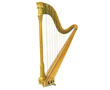 Sebastian & Pierre Erard Gothic satinwood harp, no. 5045, the column support with hexagonal panelled base decorated with foli