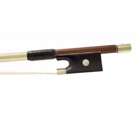 Nickel mounted violin bow stamped Emile Ouchard, the stick round, the ebony frog inlaid with pearl eyes and with a nickel ove