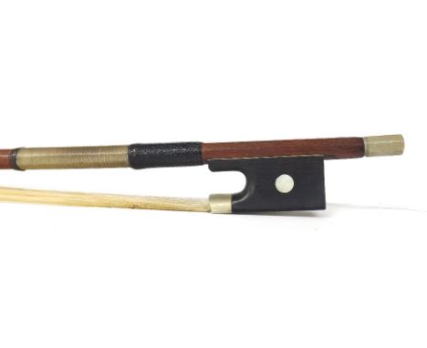 French nickel mounted violin bow of the Laberte School, unstamped, the stick round, the ebony frog inlaid with pearl eyes and