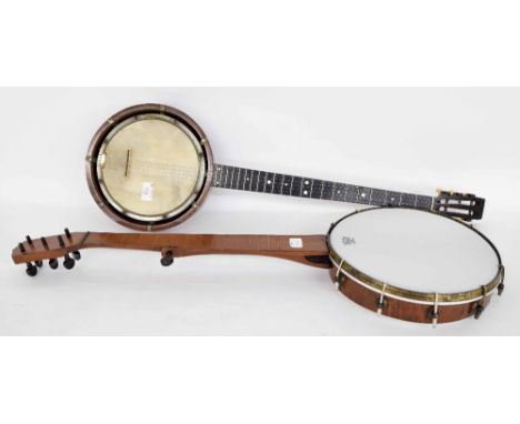 Five string zither banjo, circa 1890, with 8" skin and 25" scale, soft case; together with an interesting early fretless six 