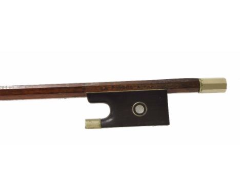 French nickel mounted violin bow stamped La Pierre á Paris, the stick octagonal, the ebony frog inlaid with nickel rings encl