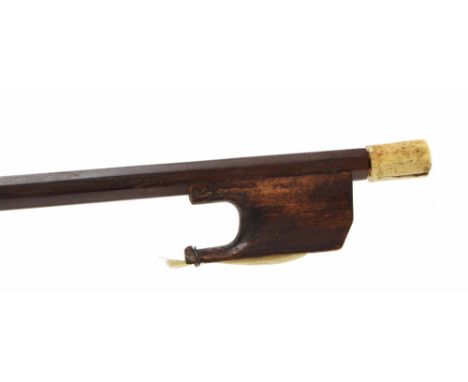 Interesting old French baroque bow, unstamped, the stick round, the stained fruitwood frog plain and with a bone adjuster, 37