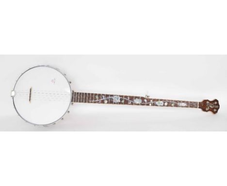 Contemporary five string open back banjo, with abalone and pearl inlay to the fretboard and head, with 11" skin and 33" scale