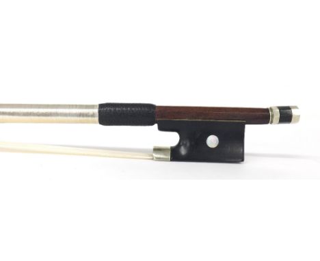 Nickel mounted violin bow stamped Poirson á Paris, the stick round, the ebony frog inlaid with pearl eyes and the ebony adjus