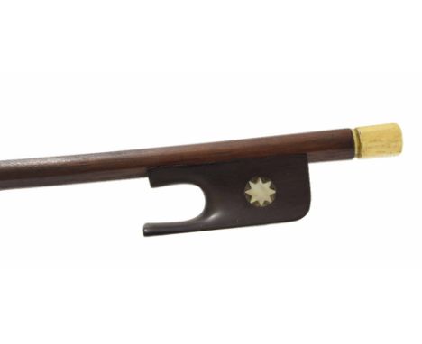 Interesting old French bow, unstamped, the stick round, the ebony frog inlaid with pearl stars and with a bone adjuster, 66gm