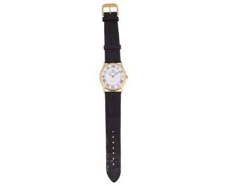 A Jaeger Le Coultre 18ct automatic wristwatchthe oval white enamel dial with Roman numerals and date aperture, rear with nume