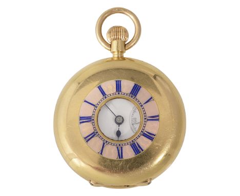 A Swiss 18ct gold half hunter keyless fob watchSwiss marks, stamped 18C white enamel dial with black Roman numeral, subsidiar