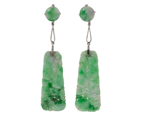 A pair of jadeite ear pendants, each tapered rectangular plaque with pierced and carved fruit symbols to the plain  circular 