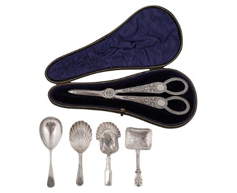 A cased pair of Edwardian silver grape shears and four George III and later caddy spoonsfirst London, 1906 by William Hutton 