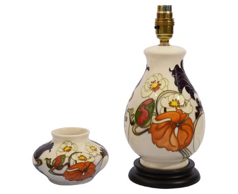 A Moorcroft 'Sandringham Bouquet' pattern table lamp and vasedesigned by Emma Bossons, tube lined and with impressed marks, t