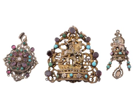 Three 19th century Austro-Hungarian gem-set jewels: a brooch/pendant modelled as St George and the Dragon to the open work bo