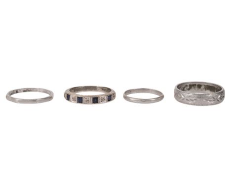 Three platinum bands and sapphire and diamond half hoop ring first a textured platinum band, London marks for 1985 an octagon