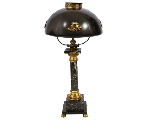 An early 20th century French Empire style gilt brass and black veined marble column table lamp with domed tole shadeheight 40