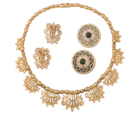 Three pieces of costume jewellery by Libertya graduated fringe necklace of openwork stylised motifs, a pair of similar ear cl