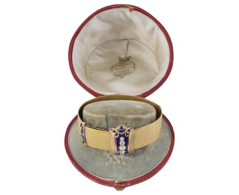 A mid Victorian diamond, enamel and yellow gold jarretière bracelet, the wide adjustable mesh bracelet with a blue guilloché 