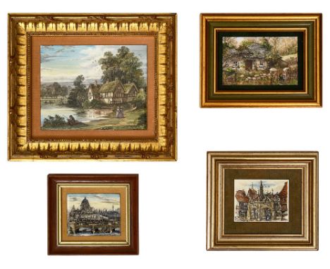 Rita E. Whitaker R.M.S A collection of four works depicting town and cityscapes, including; 'London, c1860', 'The Cake House,