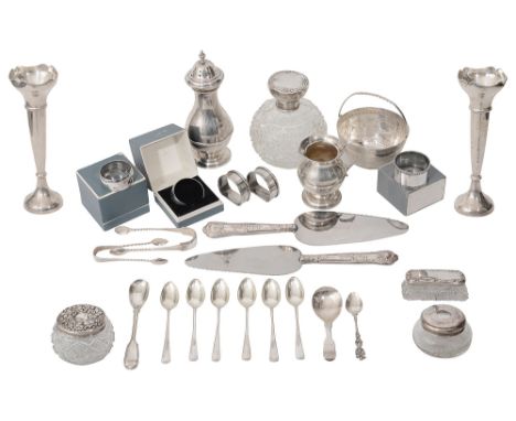 A collection of Victorian and later silver various dates, makersto include a Victorian swing handled sugar basket with foliat