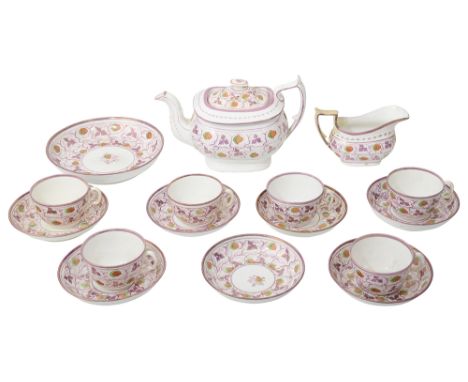 A Regency pink lustre Staffordshire 'strawberry' pattern part tea servicecomprising teapot, milk jug, six teacups, seven sauc